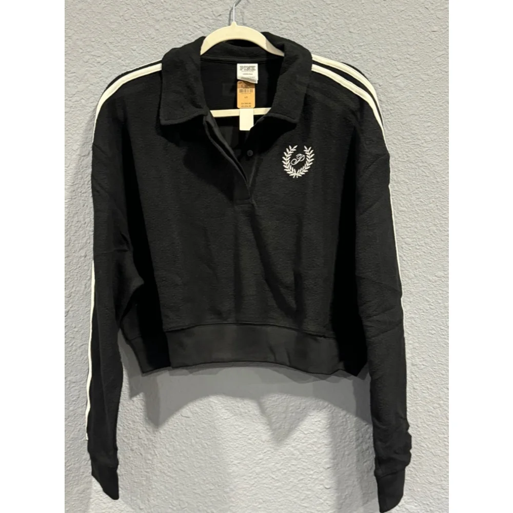 NEW PINK Black Cropped Polo Sweatshirt Size L - Picture 4 of 7